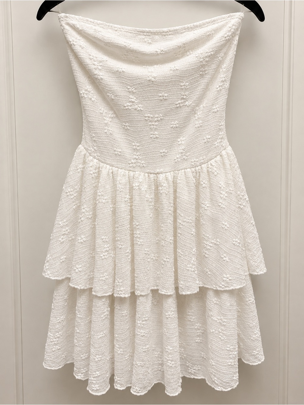 See You Monday White Strapless Tiered Lace Dress